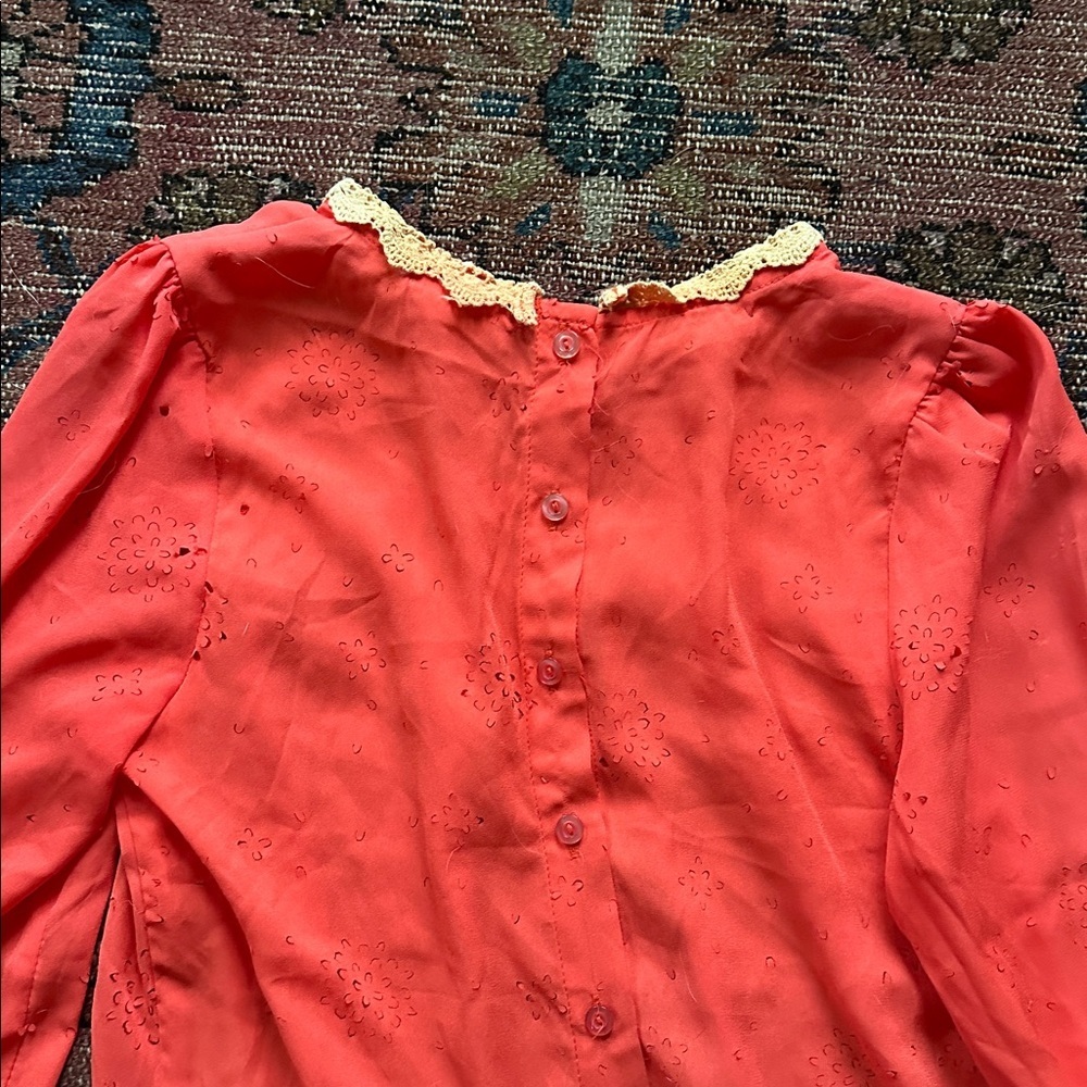 Sz S Esley Coral Blouse with Cotton Lace Orange Trim Button Back 00’s Y2K - Picture 5 of 7
